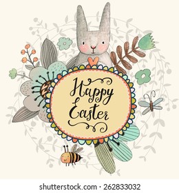 Stunning Easter card with cute Rabbit, butterfly and bee in summer flowers. Awesome background made in watercolor technique. Bright Easter concept card with text box in vector