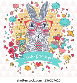 Stunning Easter card in vector. Cute rabbit in glasses with holiday egg in cartoon funny elements  - clouds, hearts, horse, owl, birds and butterflies