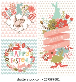 Stunning Easter concept set in vector. Bright holiday rabbits and flowers in cartoon style. Three sweet holiday cards