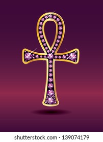 Stunning Egyptian Ankh symbol with garnet semi-precious stones embedded into a gold channel setting. Birthstone for January. EPS-10 Vector.