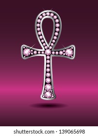 Stunning Egyptian Ankh symbol with pink rose quartz semi-precious stones embedded into a silver channel setting. EPS-10 Vector.