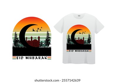 Stunning Eid Mubarak design featuring a mosque silhouette framed by a crescent moon and vibrant sunset gradient. Birds, trees, and calming stripes complete the festive Islamic composition. Perfect for