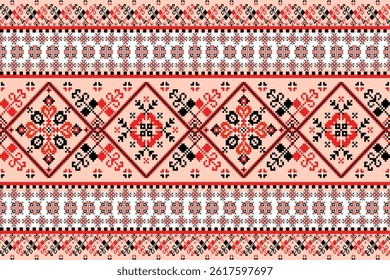 A stunning ethnic design with geometric tribal patterns inspired by folk and heritage textiles. This cultural local fabric combines tradition and modern pixel style, ideal for fashion and decor.