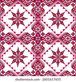 A stunning ethnic pattern featuring intricate star and diamond motifs in bold red, orange, and purple hues. Inspired by traditional tribal textiles, this seamless design is perfect for fabric prints, 