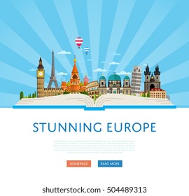 Stunning Europe poster with Eiffel Tower, Big Ben, Kremlin and others famous architectural landmarks vector illustration. 