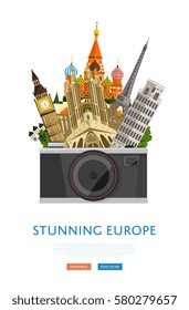 Stunning europe poster with Eiffel Tower, Leaning Tower, Big Ben and others famous architectural compositions vector illustration. Big camera on background of famous attractions. Time to travel