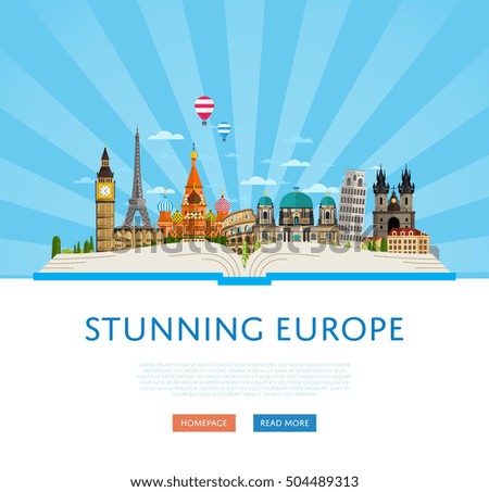 Stunning Europe poster with Eiffel Tower, Big Ben, Kremlin and others famous architectural landmarks vector illustration. 