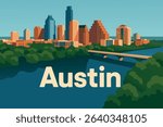 A stunning bird’s eye view of Austin’s vibrant skyline overlooking the Colorado River, showcasing the blend of nature and modern urban architecture in this Texan city.