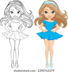 A stunning female character with flowing hair and a fashionable dress, depicted in a cartoon style with a doodle outline, perfect for coloring pages