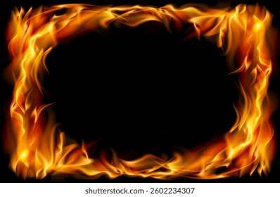 A stunning fire border with vibrant orange and yellow flames against a black background. Perfect for posters, banners, event promotions, and design projects needing a dramatic fiery effect.