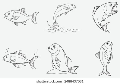 Stunning Fish Line Art Vector Set ,Elegant , Detailed Illustrations for Your Creative Projects