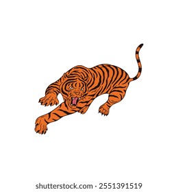 Stunning Flat Design of a Powerful Tiger in Vector Style, Set Against a Simple White Background for Versatile Usage