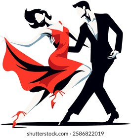 A stunning flat vector illustration of a couple gracefully dancing Salsa on a stage. The woman wears a flowing red dress and high heels, while the man is dressed in a stylish suit.