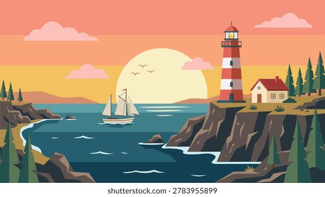 A stunning flat vector illustration of a scenic mountain landscape during a vibrant sunset. The artwork features a cozy wooden cabin with a red roof nestled in green rolling hills and meadows in the foreground. In the background, majestic layered mountains in shades of teal and blue frame a serene lake or river. A large, bright orange sun is setting behind the peaks, partially covered by soft white and grey clouds against a teal sky. Stylized pine trees and lush bushes add depth to the green fields. This minimalist, geometric design captures a peaceful, rustic, and natural atmosphere, making it perfect for travel posters, nature-themed backgrounds, wallpapers, and stock graphic designs.