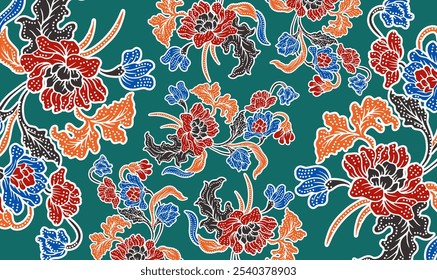 A stunning floral design featuring vivid red, blue, and orange blossoms, creating a dynamic and eye-catching aesthetic.