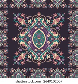 A stunning floral design showcases an elegant, seamless pattern with symmetrical detail. This vector illustration features a vintage style in purple, turquoise, and beige tones.