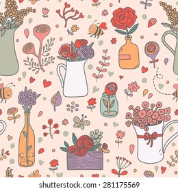 Stunning floral seamless pattern made of different house plants in pink colors. Lovely flowers in pots. Sweet natural background in vector