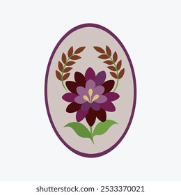 A stunning floral watercolor oval frame featuring purple and brown flowers with greenery. Ideal for invitations, wedding designs, and elegant decorative elements.
