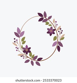 A stunning floral watercolor oval frame featuring purple and brown flowers with greenery. Ideal for invitations, wedding designs, and elegant decorative elements.