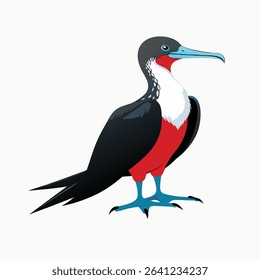 A stunning frigatebird glides effortlessly above the turquoise ocean, its long, slender wings stretched wide and forked tail trailing behind like a shadow. Known for their exceptional flying abilities