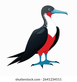 A stunning frigatebird glides effortlessly above the turquoise ocean, its long, slender wings stretched wide and forked tail trailing behind like a shadow. Known for their exceptional flying abilities