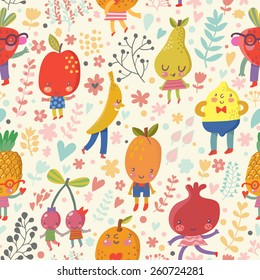 Stunning fruit background in bright summer colors. Tasty concept wallpaper with funny cartoon fruits: pineapple, banana, cherry, orange, pomegranate, lemon, pear, strawberry, apricot, apple in vector