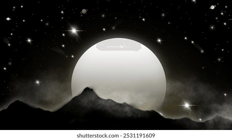 Impresionante luna llena que se eleva sobre la silueta oscura de la montaña con el cielo estrellado y los objetos celestiales. Perfecto para el cielo nocturno, ciencia ficción o proyectos de diseño atmosférico.