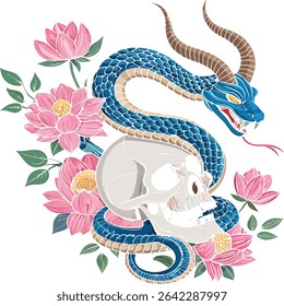 A stunning fusion of myth and symbolism, this illustration features a horned blue dragon-serpent entwined around a human skull, surrounded by vibrant pink lotus flowers. Representing the duality of li