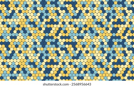 Stunning geometric pattern featuring a captivating arrangement of blue, yellow, and cream circles.  Perfect for backgrounds, textile designs, website banners, and more.  Clean, modern, and versatile.