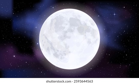 Stunning Glowing Silver Full Moon Over a Starry Night Sky, Galaxy and Nebula. Vector.