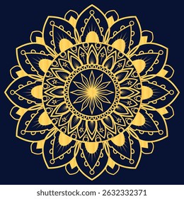 A stunning gold mandala design against a dark navy background, featuring intricate floral patterns, symmetrical details, and a radiant central starburst, symbolizing harmony and spiritual balance.