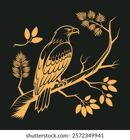 Stunning golden eagle perched on a branch, captured in a detailed vector design. Perfect for wildlife art enthusiasts, nature-themed projects, and decorative prints.