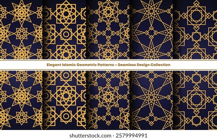 Stunning golden Islamic geometric patterns, seamless vector backgrounds for elegant, high-quality design projects and artwork
