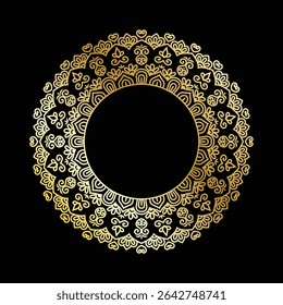 Stunning golden mandala circle frame with intricate, ornate details. Perfect for luxurious designs, invitations, spiritual themes, or elegant backgrounds. A beautiful blend of classic and trendy