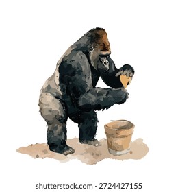 Impresionante Arte vectorial de gorila con una expresión suave, sosteniendo la fruta cerca de una olla. Ideal para la conservación de la vida silvestre, diseños educativos o libros para niños.