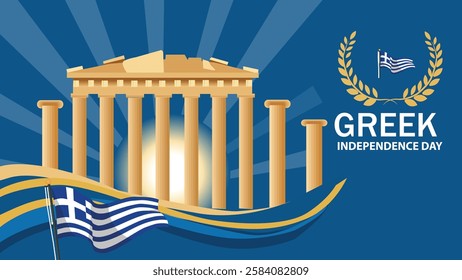  A stunning Greek Independence Day banner featuring the Parthenon, Greek flag, and a laurel wreath, symbolizing Greece's rich history, freedom, and national pride.