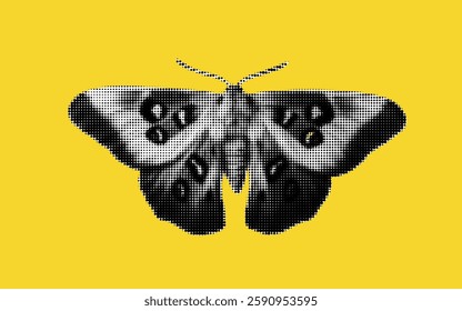 A stunning halftone collage showcases a butterfly, its intricate patterns and wings elegantly contrasted against a bright yellow backdrop, celebrating vibrant artistry and nature's wonders.