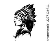 A stunning Hand drawn illustration of a beautiful girl wearing an Indian chief headpiece, with intricate details and shading