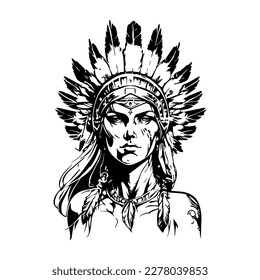 A stunning Hand drawn illustration of a beautiful girl wearing an Indian chief headpiece, with intricate details and shading