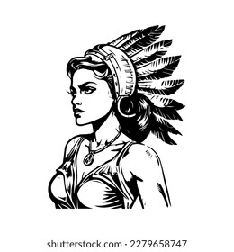 A stunning Hand drawn illustration of a native american girl wearing an Indian chief headpiece, with intricate details and shading