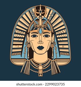 Impresionante ilustración de diseño con logo dibujado a mano que presenta a la icónica reina egipcia Cleopatra. Ideal para una marca de lujo o de belleza