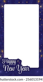 Stunning Happy New Year frame template, featuring a deep purple gradient background, fireworks, confetti, and elegant text.Perfect for Instagram stories, social media posts, personalized greetings