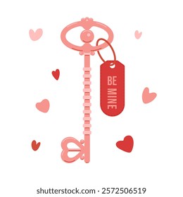 Stunning heart-shaped key for Valentine's Day. A pink key, a tag with the inscription "Be mine". The key is surrounded by many hearts, indicating that it is a Valentine's Day gift.