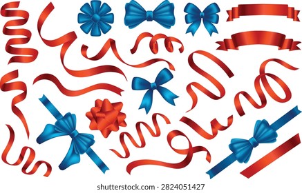 A stunning and high-quality vector collection of realistic satin ribbons and decorative bows isolated on a solid white background. The graphic set features an elegant assortment of glossy crimson red sashes cascading in wavy curls, swirls, and scrolls, alongside a beautiful variety of deep metallic blue gift bows, a red star rosette, and classic horizontal heading banners. This highly versatile design asset bundle is exceptionally suited for creating luxury Christmas greeting cards, festive birthday gift wrapping paper, grand opening announcement banners, and retail discount promotional flyers.#FestiveRibbons #GiftBowVector #SatinRibbonSet #ChristmasClipart #BirthdayDesignAsset #RealisticRibbons #DecorativeBows #HolidayGraphics #WrappingPaperDesign #GraphicDesignAsset