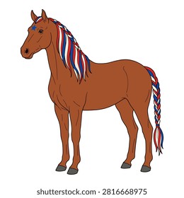 Stunning horse standing with mane and tail braided in patriotic colors featuring blue star on forehead for holiday.