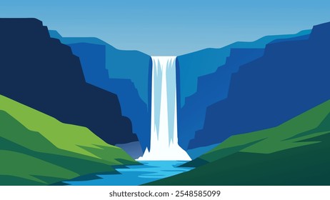 stunning Icelandic waterfall cascading down rocky cliffs, surrounded by lush greenery and a clear blue sky above flat vector illustration
