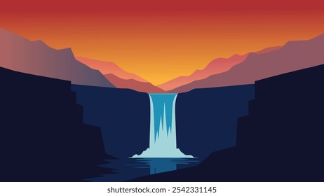 stunning Icelandic waterfall illuminated by a vibrant sunset, showcasing nature's beauty and tranquility flat vector illustration