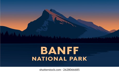 A stunning illustration of Banff National Park, showcasing its breathtaking mountain scenery and serene lakes surrounded by towering peaks.