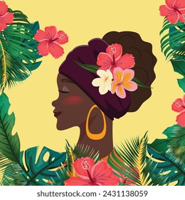 Stunning illustration of black woman with closed eyes and a head-wrap adorned with vibrant hibiscus, plumeria and lush green tropical leaves. Black Lives Matter