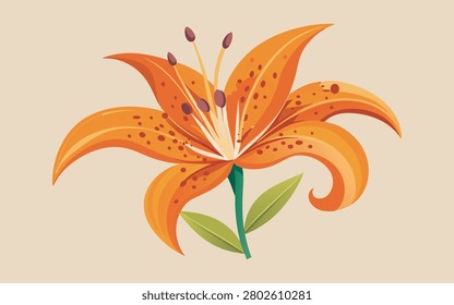 Stunning illustration of blooming orange tiger lily with detailed spotted petals long stamens and lush green leaves against soft neutral beige studio background.